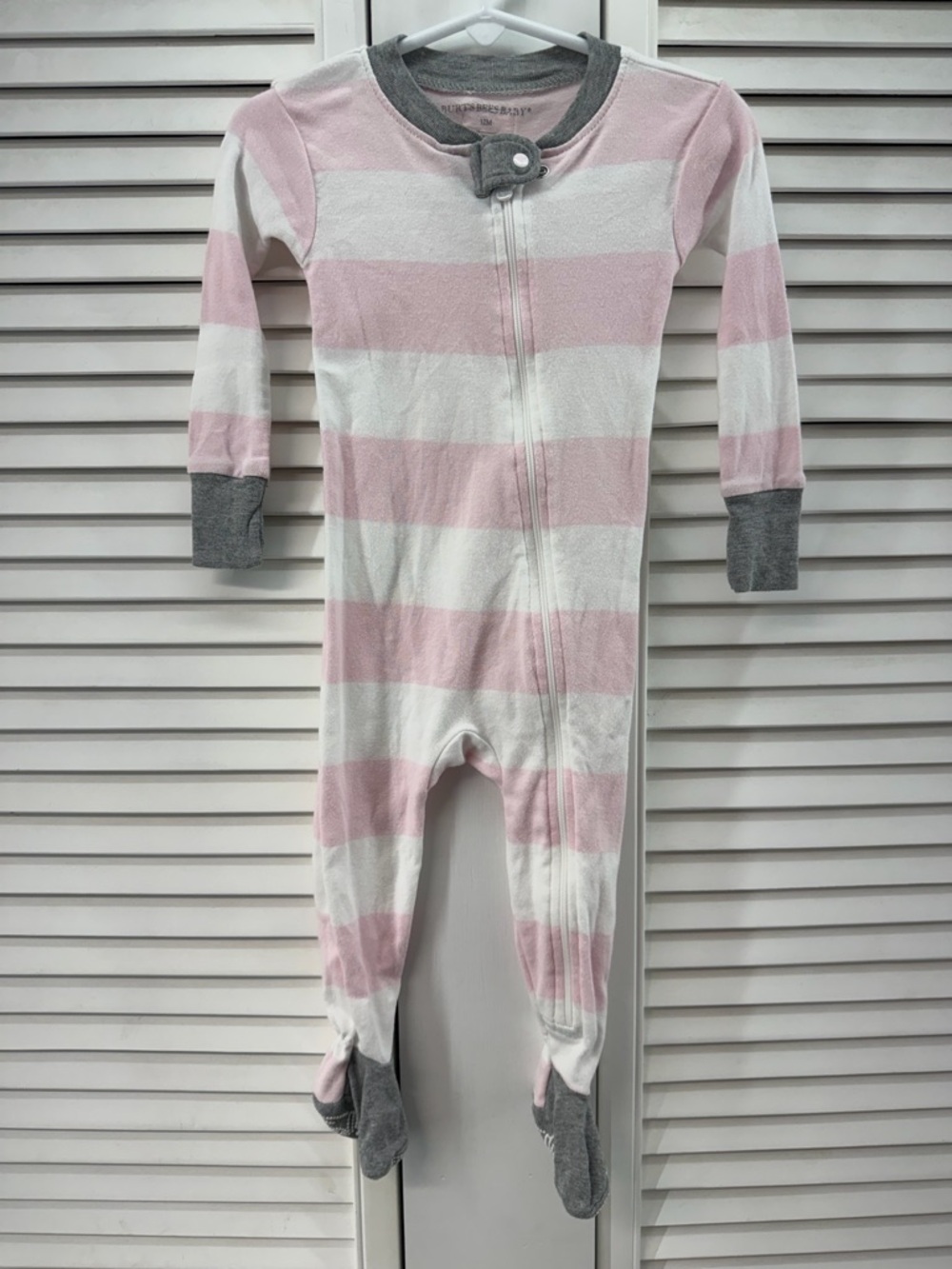Burt's Bees size 12M Baby Pink and White Striped Footed One-Piece